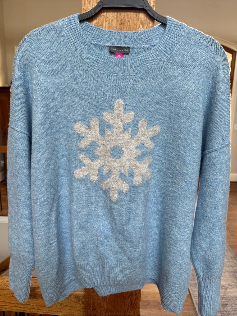 Vince Camuto Light Blue Crewneck Sweater with Cream Metallic Snowflake